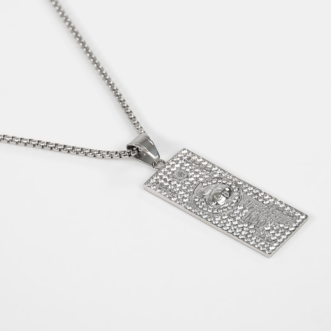 Silver 100 Bill Money Benjamin Pendant with Chain Necklace