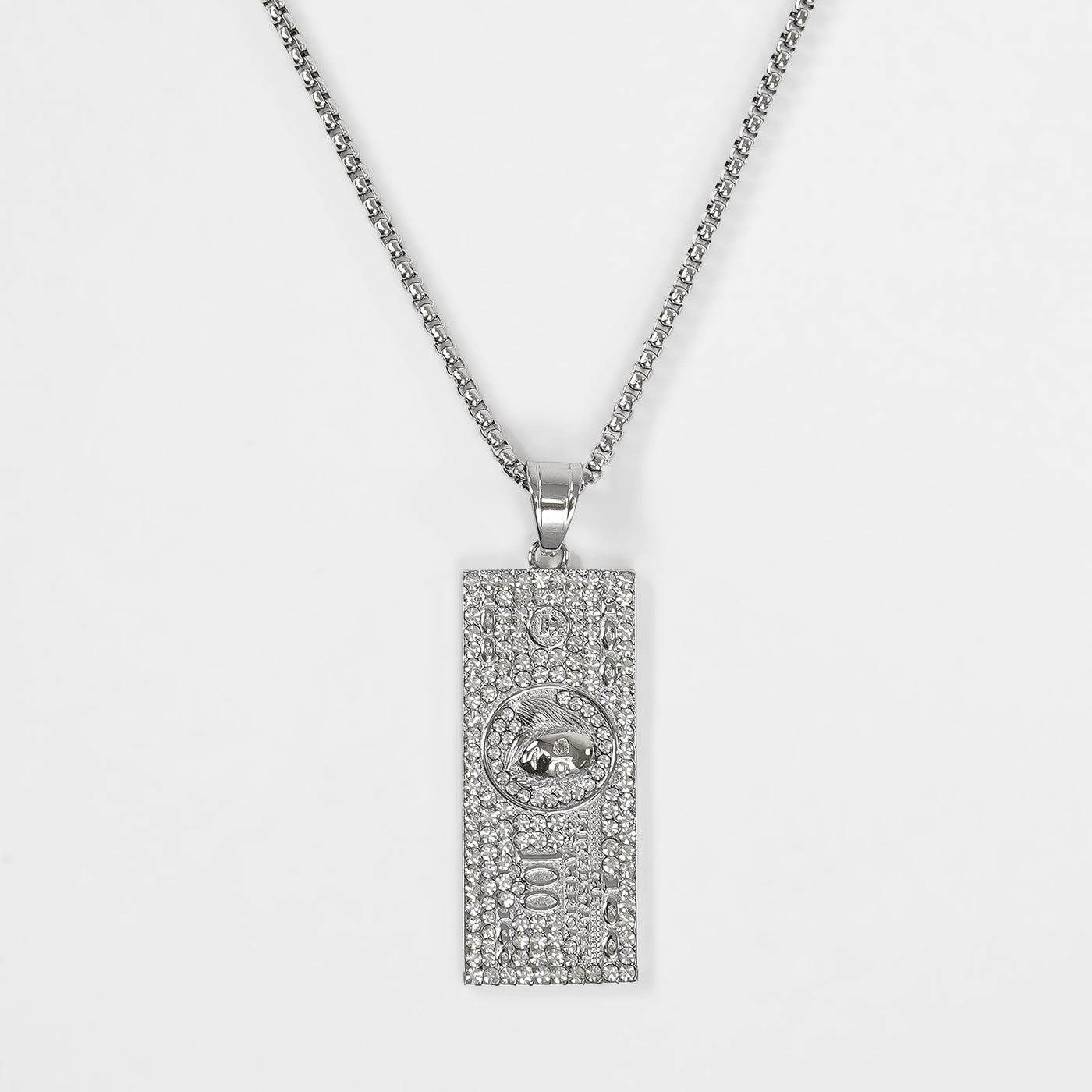 Silver 100 Bill Money Benjamin Pendant with Chain Necklace