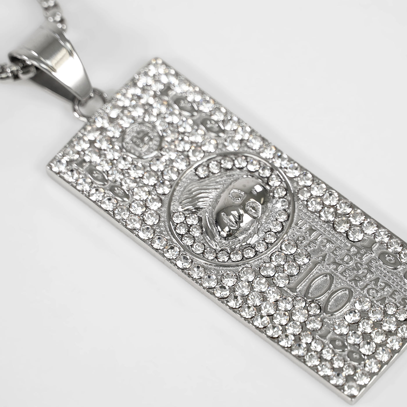 Silver 100 Bill Money Benjamin Pendant with Chain Necklace