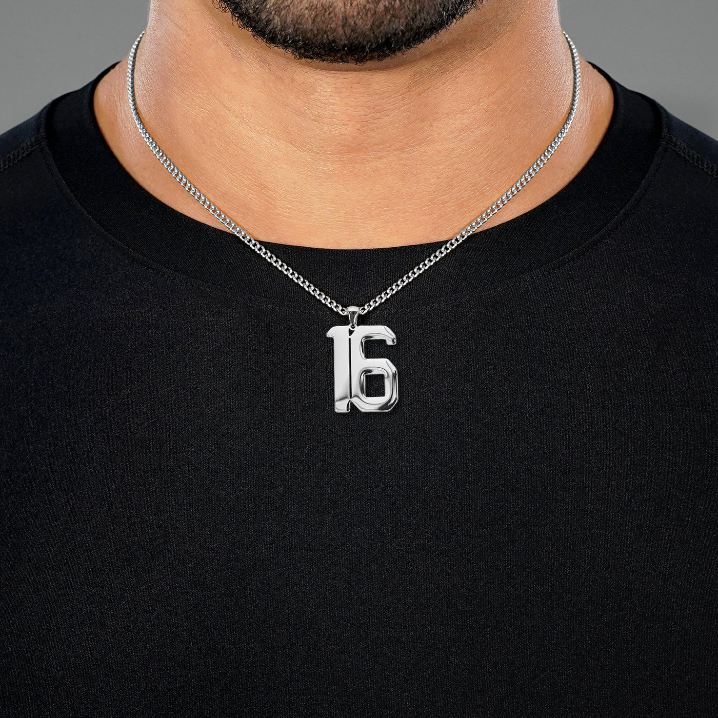 16 Number Pendant with Chain Necklace - Stainless Steel