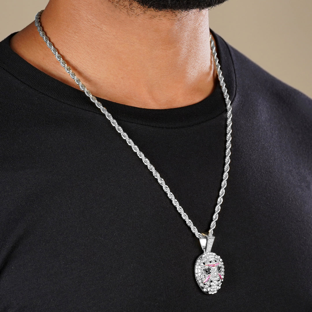 Silver Hockey Mask Pendant with 3mm Rope Chain Necklace