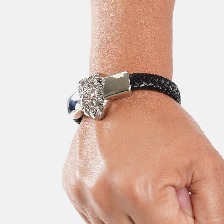 Silver Lion 1/2 Inch Leather Bracelet