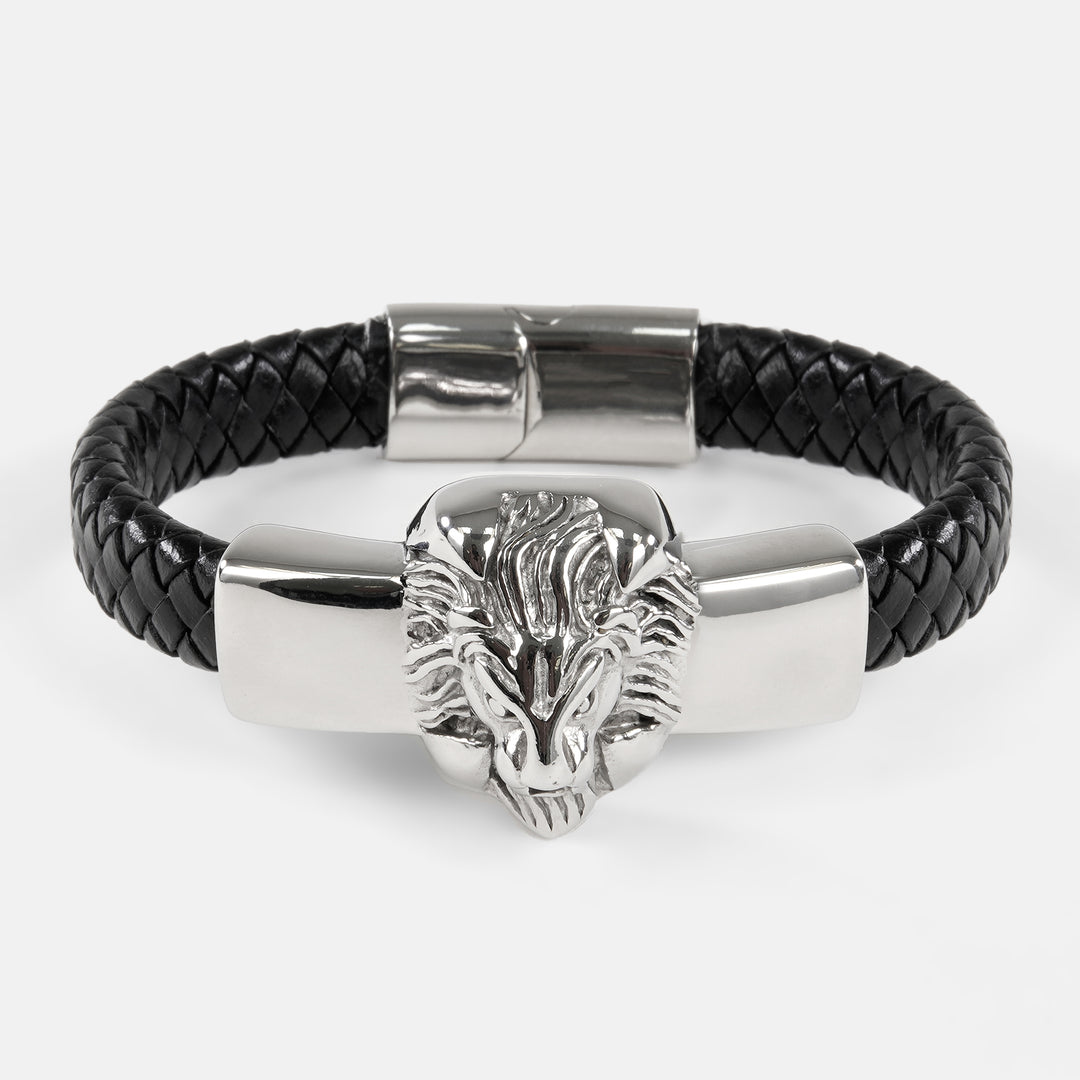 Silver Lion 1/2 Inch Leather Bracelet