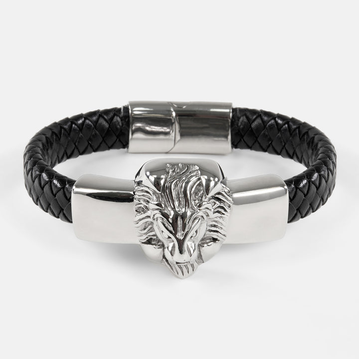 Silver Lion 1/2 Inch Leather Bracelet