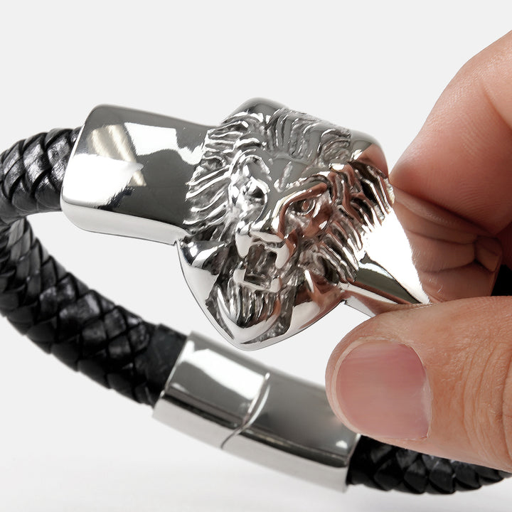 Silver Lion 1/2 Inch Leather Bracelet