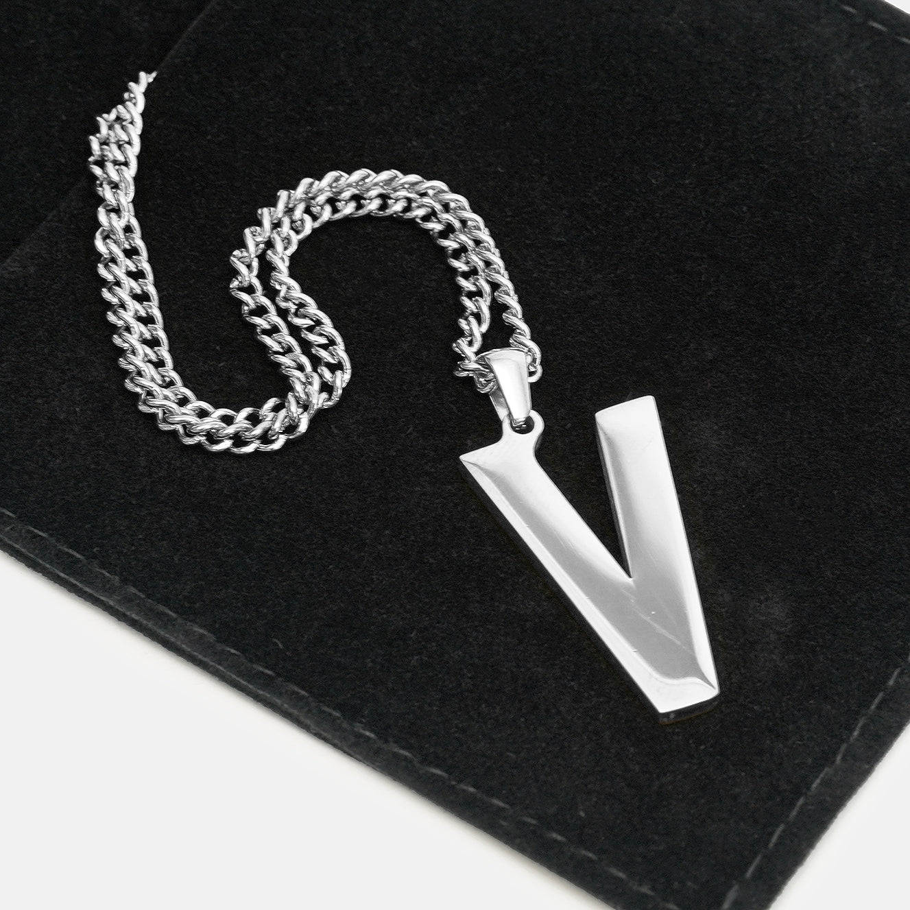 V Letter Pendant with Chain Kids Necklace - Stainless Steel