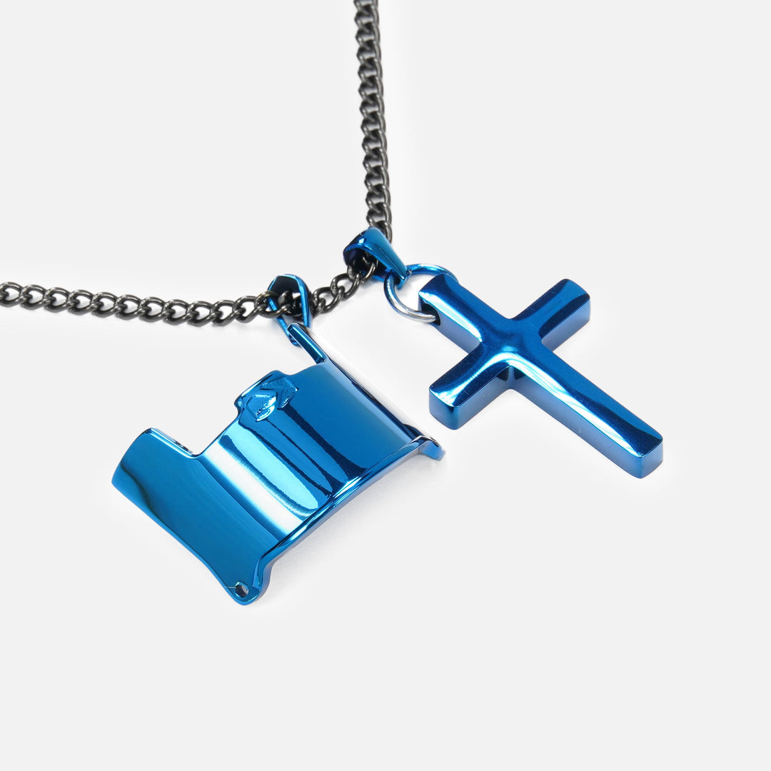 Visor & Cross Pendant with Chain Kids Necklace - Cobalt Blue Stainless Steel