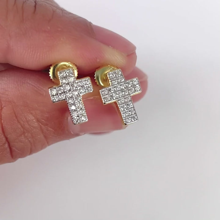 Iced Out Cross 10mm Earrings Yellow Gold Sterling Silver